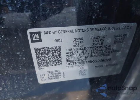 2019 GMC Sierra 1500 At4 z USA, uszkodzony, nr VIN 3GTP9EED9KG239820